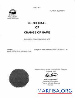 Blank Canada British Columbia Register of companies name change certificate template